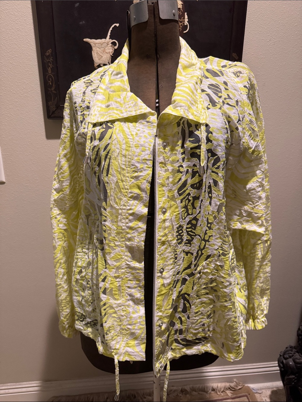 Chico's Animal Print Sheer Mesh Burnout Jacket in Chartreuse & White Sz 3 (XL)